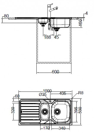 Stainless steel sink unit DEKOR 1 bowl 1/2 and 1 drainer, 1000x500mm RNL 651