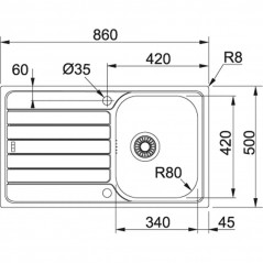 Stainless steel sink, 86x50 cm, 1 bowl, 1 drainer DEKOR SPARK