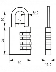 Aluminium padlock, maximum code 40mm, with combination