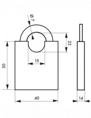 Candado de hombro de 40 mm, grillete de acero, 2 llaves.