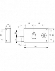 Aufliegendes Schloss mit Riegel, 1/2 Drehung, 140x82mm, links, 1 Schlüssel