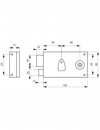 Aufliegendes Schloss mit Riegel, 1/2 Drehung, 140x82mm, links, 1 Schlüssel