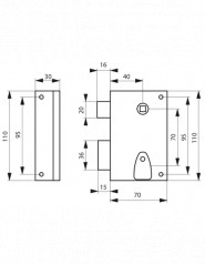 Aufliegendes vertikales Schloss, Riegel, 1/2 Drehung, 70x110, links, 1 Schlüssel