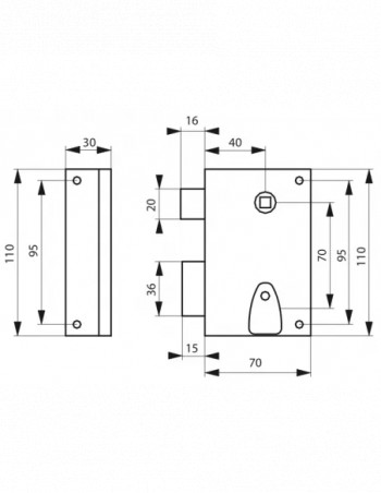 Vertical surface lock, deadbolt, 1/2 turn, 70x110, left, 1 key