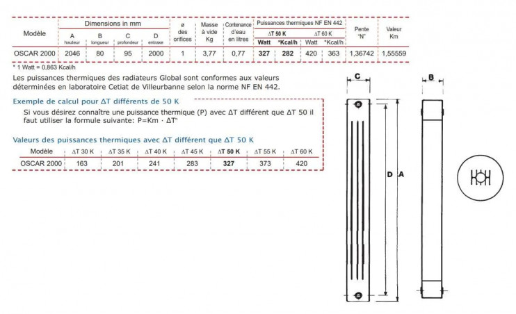 Riscaldamento centrale in alluminio 1 elemento bianco, altezza 2m, OCAR 2000