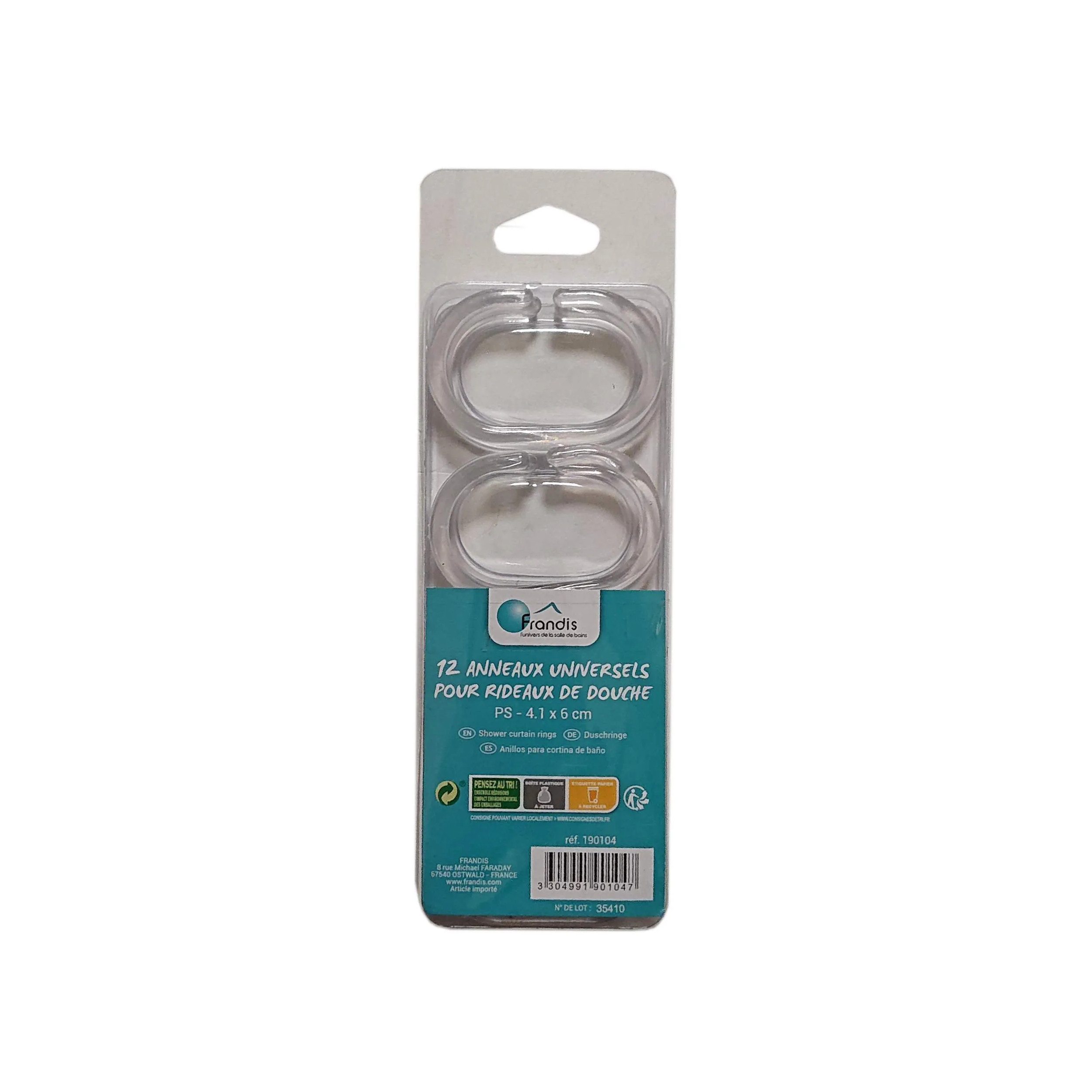 12 Anneaux pour rideau de douche transparent, 4.1 x 6 cm 