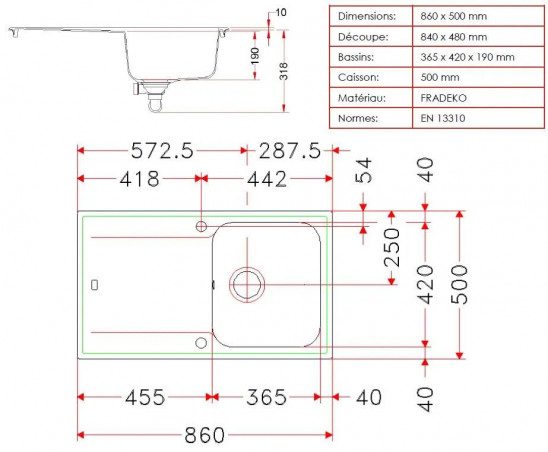 Build-in sink white, 86x50 cm, 1 bowl, 1 drainer, KITE 100