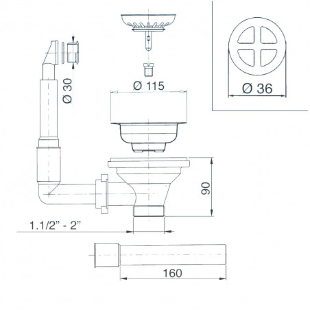 Cesta de residuos con desbordamiento rectangular, diámetro 90mm