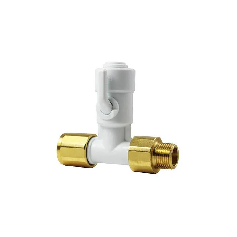 BSP tee for 10 mm hose, 3/8" female, 3/8" shut-off valve, with check valve