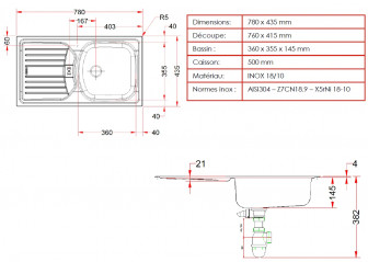 Stainless steel sink DEKOR EUROSTAR 1 bowl, 1 drainer, ELT NOVA 614