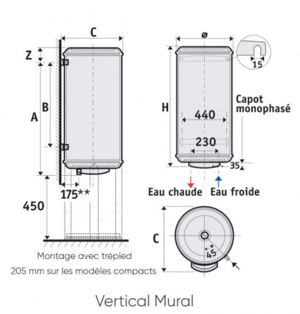 Calentador de agua eléctrico monofásico vertical de 50L ZENEO Hybrid