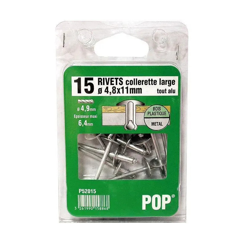 Rivet POP alu, à collerette large, diamètre 4.8x11 mm, 15 pièces