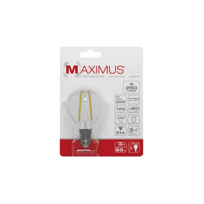 Filamento Led esférico Maximus 2W E14 250LM 2700K cálido