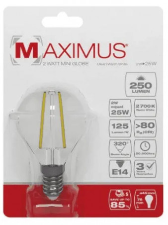 Led filament sphérique Maximus 2W E14 250LM 2700K chaud