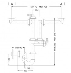 Platzsparender Stutzensiphon für 2-Beckenspülen, metallic-grau