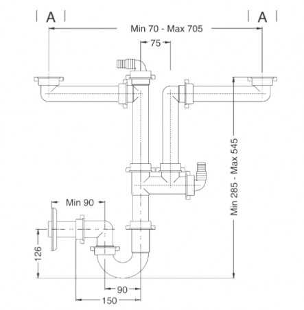 Platzsparender Stutzensiphon für 2-Beckenspülen, metallic-grau