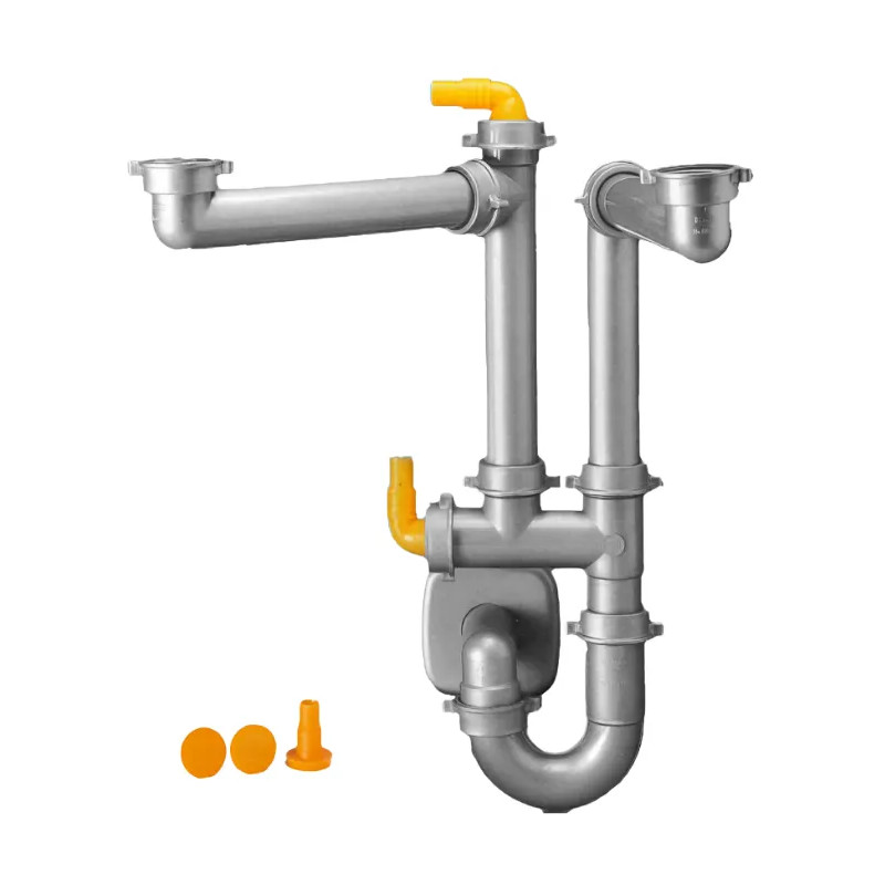 Platzsparender Stutzensiphon für 2-Beckenspülen, metallic-grau