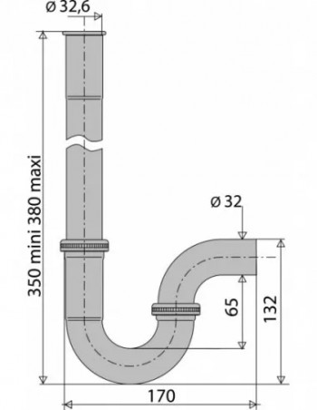 Sifón para lavadora, simple, latón, cromado, 32mm, horizontal