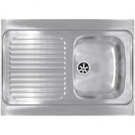 Evier inox à poser avec bonde à bouchon 1 cuve 1 égouttoir 900x600.