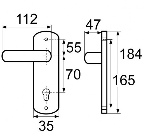 Two door handles with chrome-plated mirror finish, locking key, distance between centres 165 mm