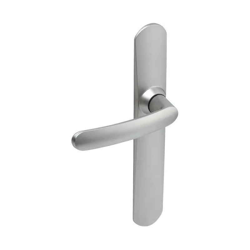 Door handle with plate, 195 mm distance between centres, cane spout, mirror-chromed