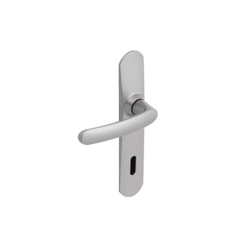 Door handle with plate, 195 mm distance between centres, key L, mirror-chromed