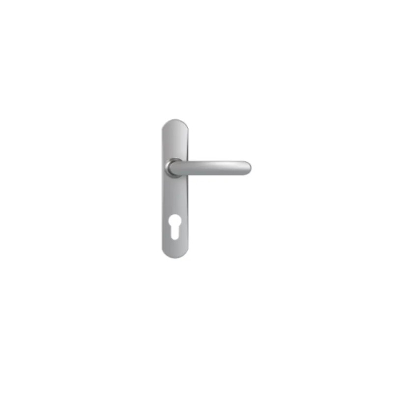 Door handle with plate, 195 mm distance between centres, key I, mirror-chromed