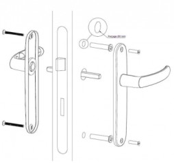 Budget door handle with silver plate, distance between centres 165 mm, cane spout