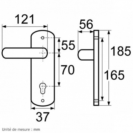 Budget door handle with silver plate, distance between centres 165 mm, key I 