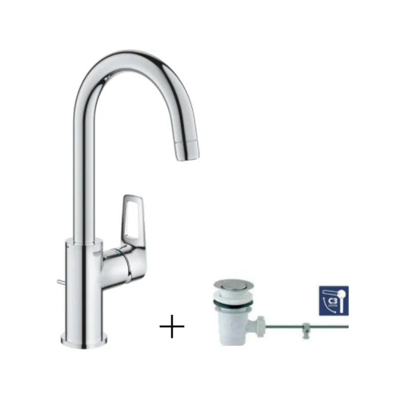 GROHE "NEW BAULOOP" single lever basin mixer, size L high spout with pop-up waste