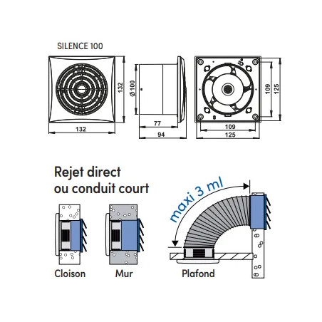 Extra flat wall mounted extractor, silent, 100mm standard 102m3/h