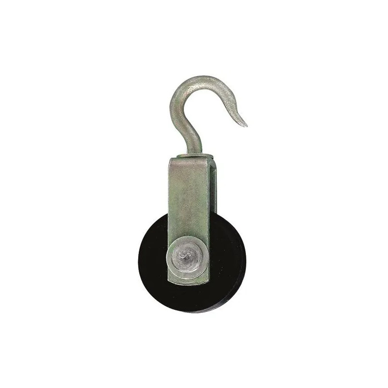 Galvanized steel hook pulley with 40mm roller, for 10mm rope