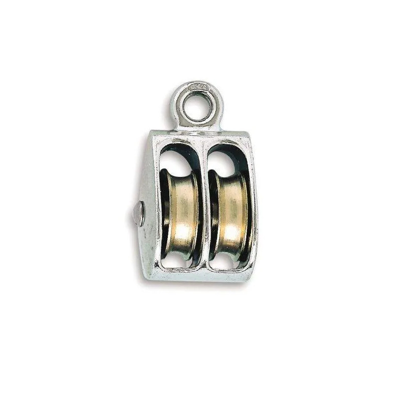 Eye pulley with two 25mm diameter nickel-plated Zamak rollers for 6mm rope