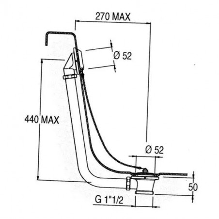 Exposed chrome-plated brass bathtub chain drain, without siphon