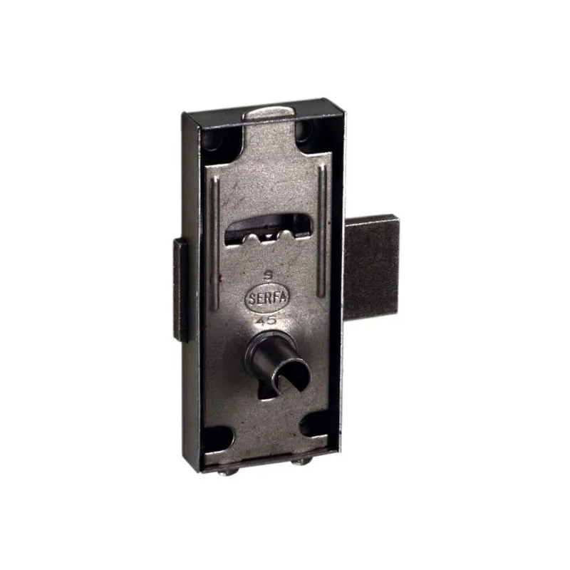 Surface-mounted lock for left or right door, Swiss key, H70xEP10mm, polished steel.