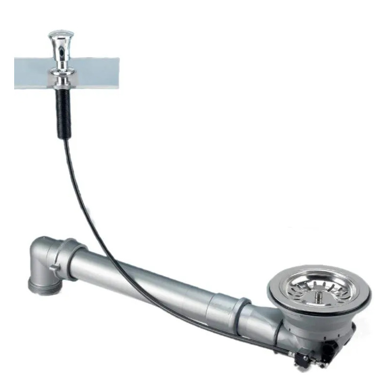 Sink drain without overflow, diameter 90 mm, automatic, with space-saving pipe