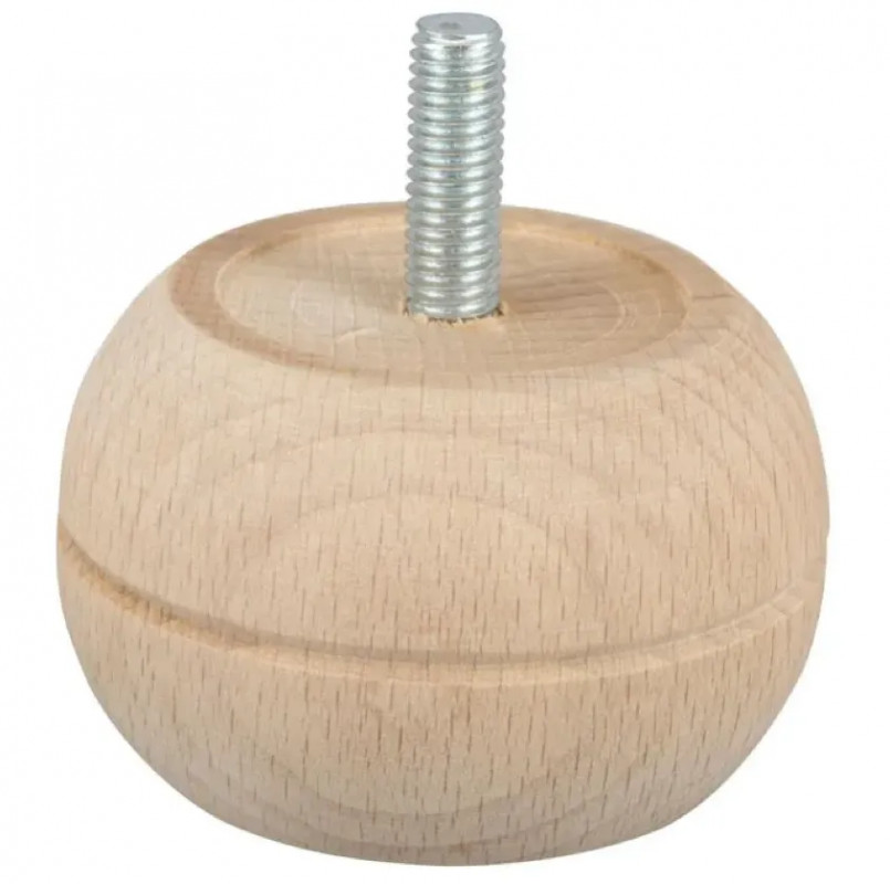 Pied de meuble, boule fixe M8 en pin brut, diamètre 52mm x hauteur 60mm.