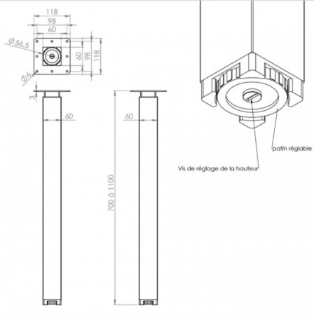 Pied de table, bar et plan de travail ZOOM rond blanc réglable, D. 60 x 730 à 1100 mm