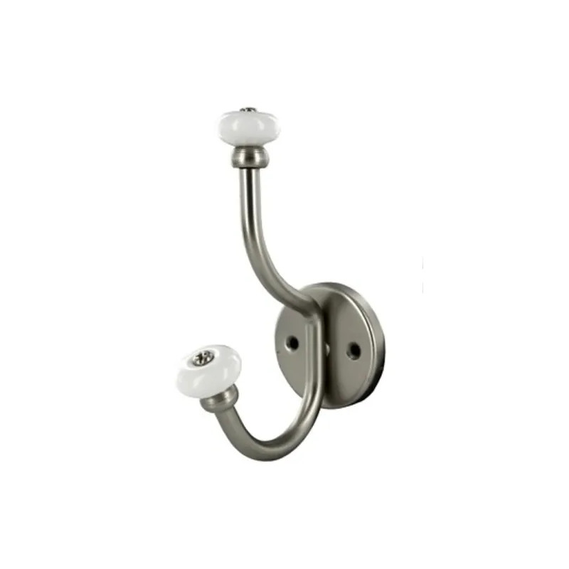 Coat hook with 2 heads in aluminum and white porcelain to screw