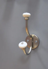 Wall-mounted coat hook, 2 heads, aluminum and white porcelain, screw-on