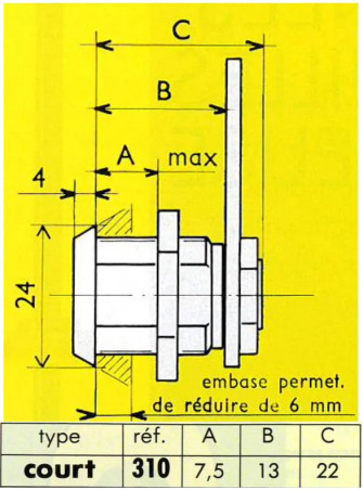 Barillet batteuse courte à paillettes chromé, 1/2 tour, 2 clés 