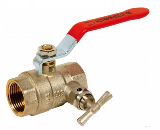 Double female brass ball valve with bleed PN25 + red flat steel handle, 40/49