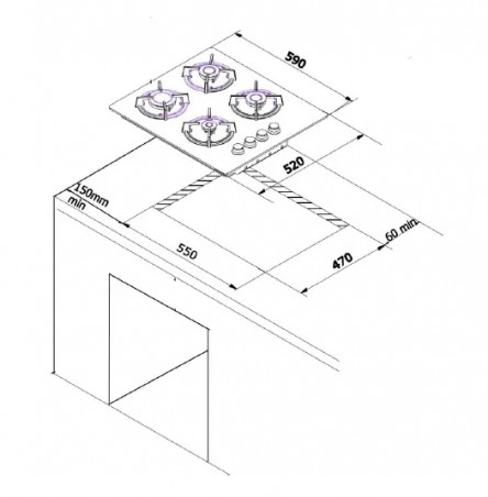 Black glass table with 4 gas burners 59x42x4,7cm