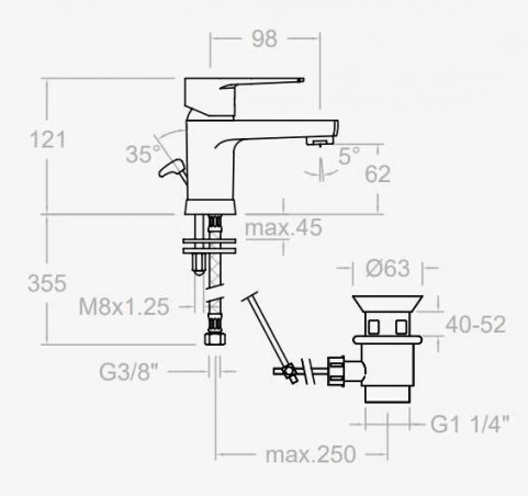 Miscelatore monocomando per lavabo con scarico in ABS Titanium