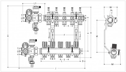 KITR553FK manifold preassembled with flow meter, 6 outlets. 