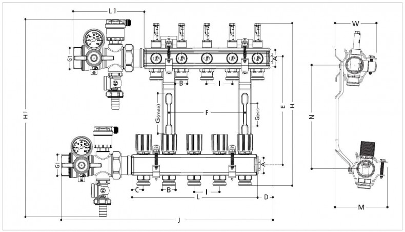 KITR553FK manifold preassembled with flow meter, 6 outlets. 