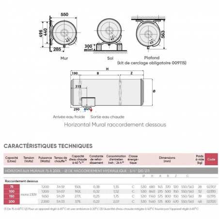 Chauffe-eau électrique Chaufféo blindé thermoplongeur horizontal mural 100L monophasé