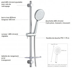 Set Brausestange D. 25 mm L. 600 mm, 3 Strahldüsen D. 120 mm mit Seifenschale