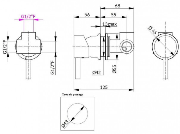 Mechanical mixing valve for shower cubicle or panel