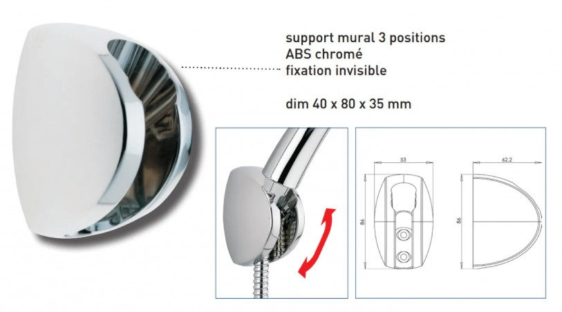 Support pour pomme de douche, 3 positions d'inclinaison, ABS chromé